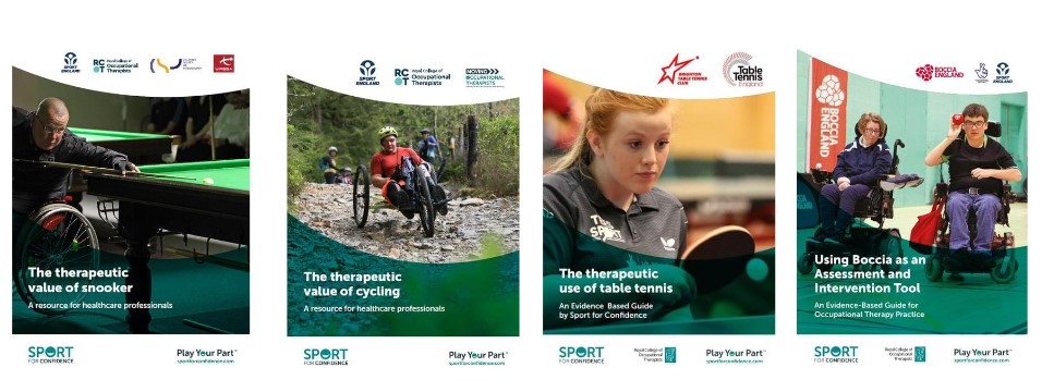 A collage of the front cover of four therapeutic guides, produced by Sport for Confidence in partnership with Sport England, the Royal College of Occupational Therapists and various National Governing Bodies.