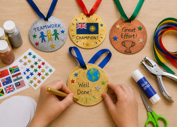 Medal Making activity A person decorating a gold medal craft with paint and stickers, surrounded by handmade award medals, ribbons, glue, scissors and craft supplies on a table.